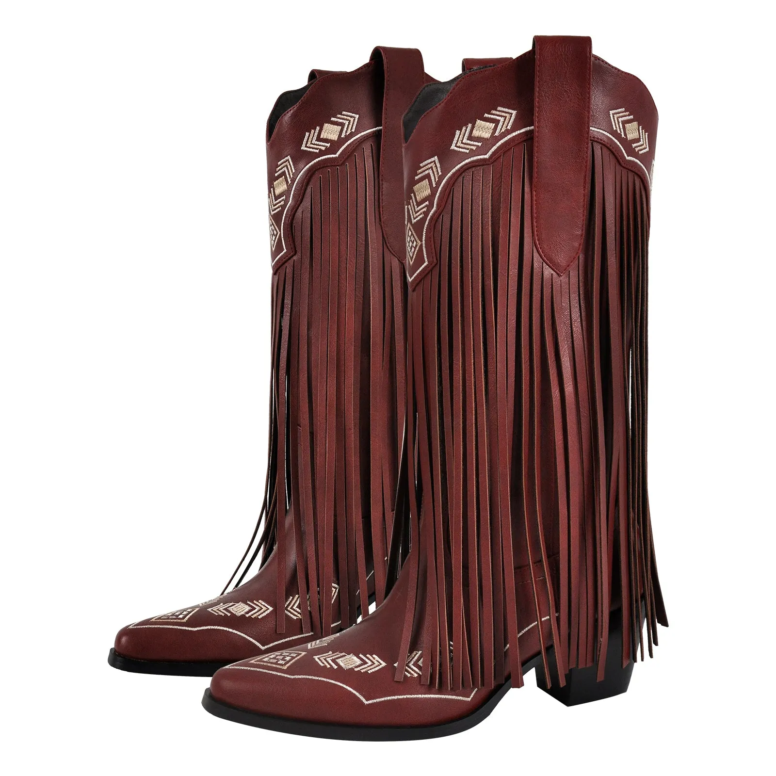 Pointed Toe Fringe Embroidery Knee High Western Boots