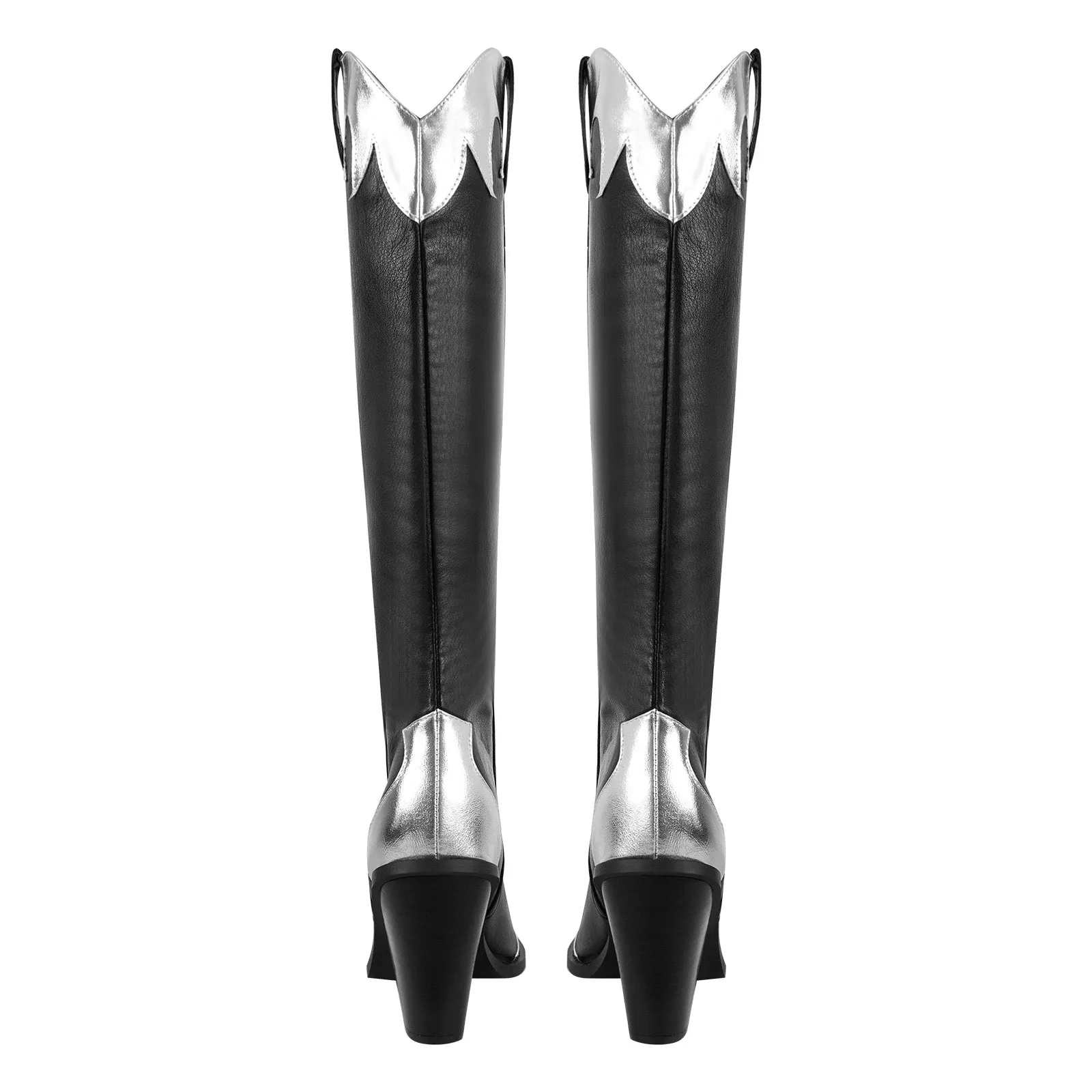 Pointed Toe Metallic Leather Trim Knee High Western Boots