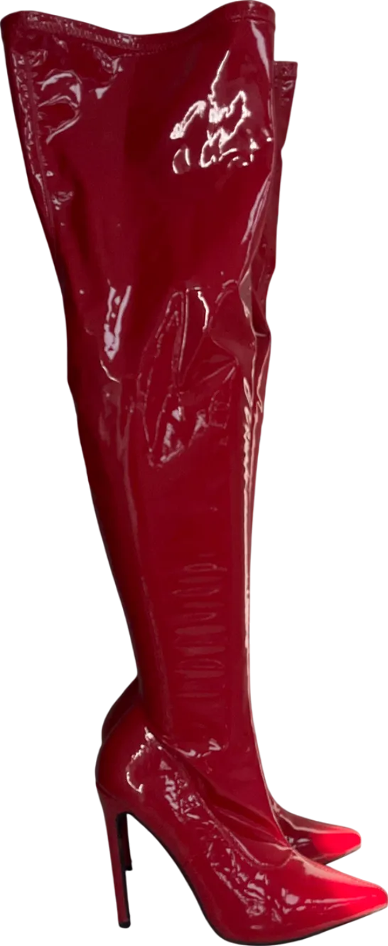 Public Desire Confidence Wide Fit Red Patent Stiletto Heeled Over The Knee Pu Boot UK 9 EU 42 👠