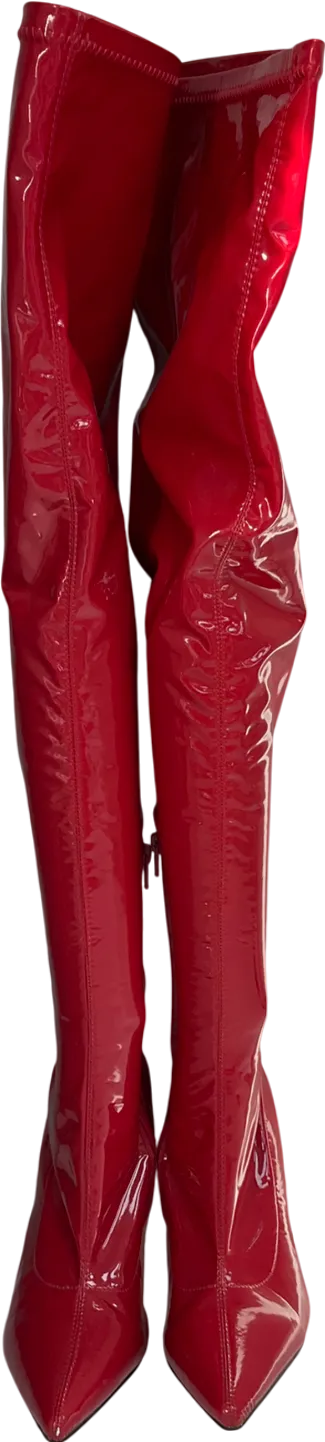 Public Desire Confidence Wide Fit Red Patent Stiletto Heeled Over The Knee Pu Boot UK 9 EU 42 👠