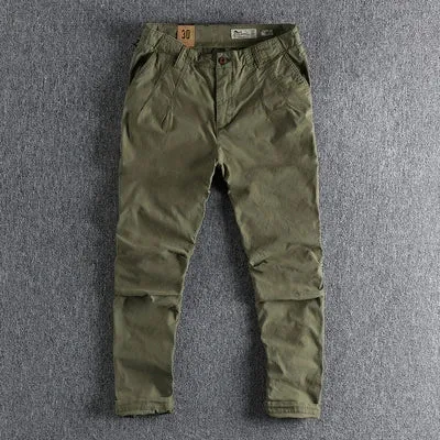 Pure Cotton Washed Old Twill Woven Cargo Pants - Men's Fashion Straight Business Ankle-Tied Trousers
