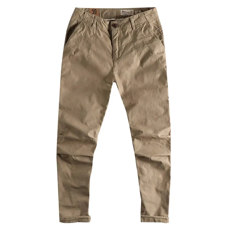 Pure Cotton Washed Old Twill Woven Cargo Pants - Men's Fashion Straight Business Ankle-Tied Trousers