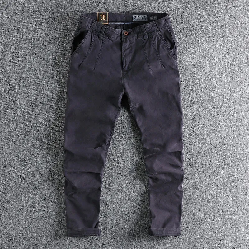 Pure Cotton Washed Old Twill Woven Cargo Pants - Men's Fashion Straight Business Ankle-Tied Trousers