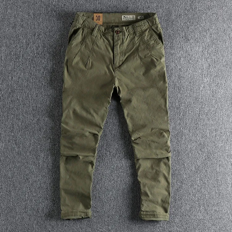 Pure Cotton Washed Old Twill Woven Cargo Pants - Men's Fashion Straight Business Ankle-Tied Trousers