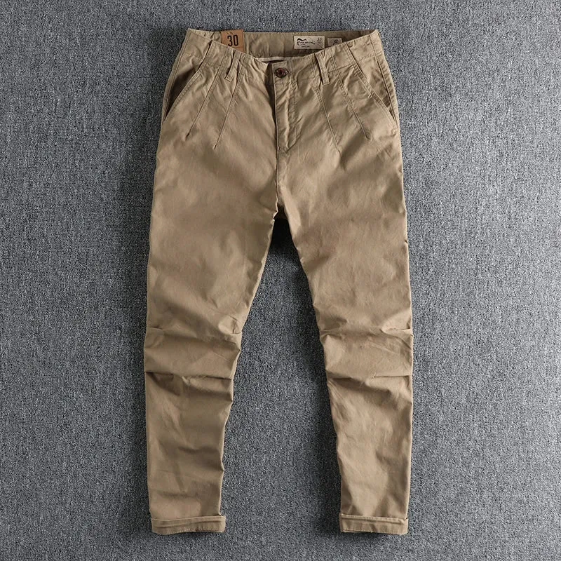 Pure Cotton Washed Old Twill Woven Cargo Pants - Men's Fashion Straight Business Ankle-Tied Trousers