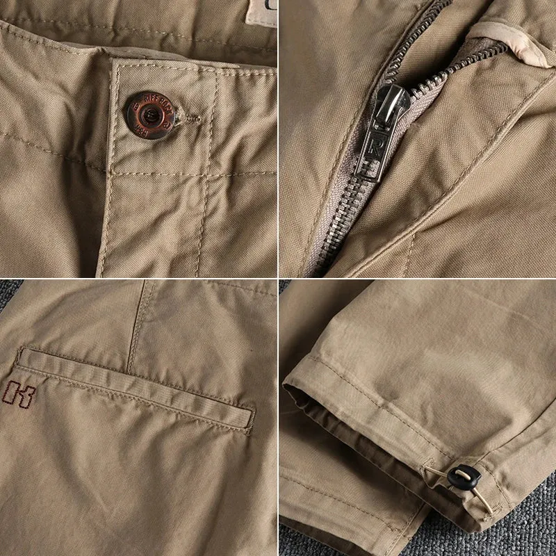 Pure Cotton Washed Old Twill Woven Cargo Pants - Men's Fashion Straight Business Ankle-Tied Trousers