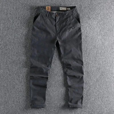 Pure Cotton Washed Old Twill Woven Cargo Pants - Men's Fashion Straight Business Ankle-Tied Trousers