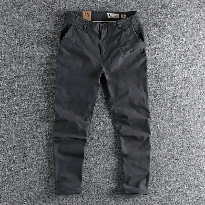 Pure Cotton Washed Old Twill Woven Cargo Pants - Men's Fashion Straight Business Ankle-Tied Trousers