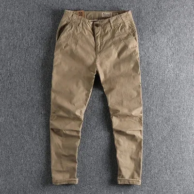 Pure Cotton Washed Old Twill Woven Cargo Pants - Men's Fashion Straight Business Ankle-Tied Trousers