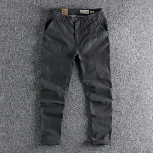 Pure Cotton Washed Old Twill Woven Cargo Pants - Men's Fashion Straight Business Ankle-Tied Trousers