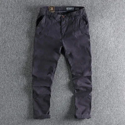 Pure Cotton Washed Old Twill Woven Cargo Pants - Men's Fashion Straight Business Ankle-Tied Trousers