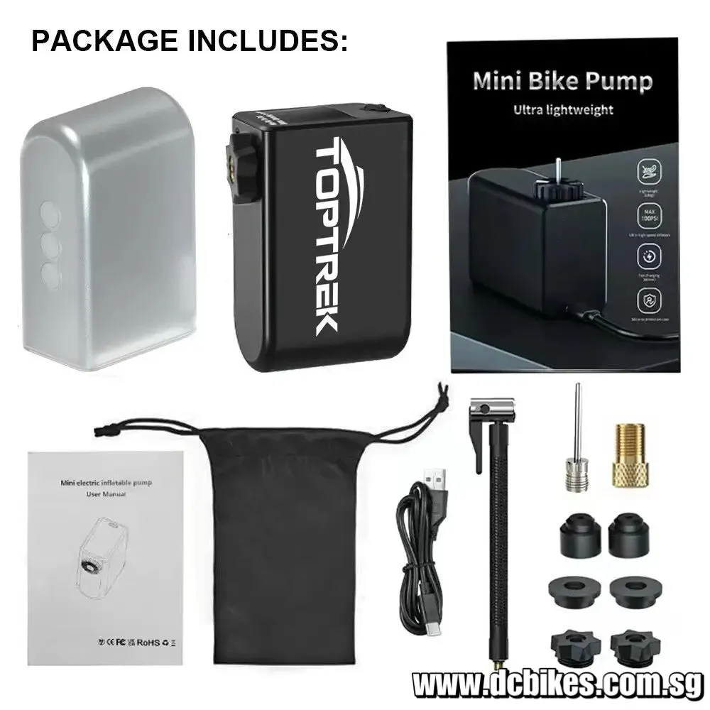 Rechargeable Toptrek Mini Electric Air Pump Portable 1260mAh 100psi Bicycle Pump Inflator Presta Schrader Valve Road MTB Bike Motorcycle Pump