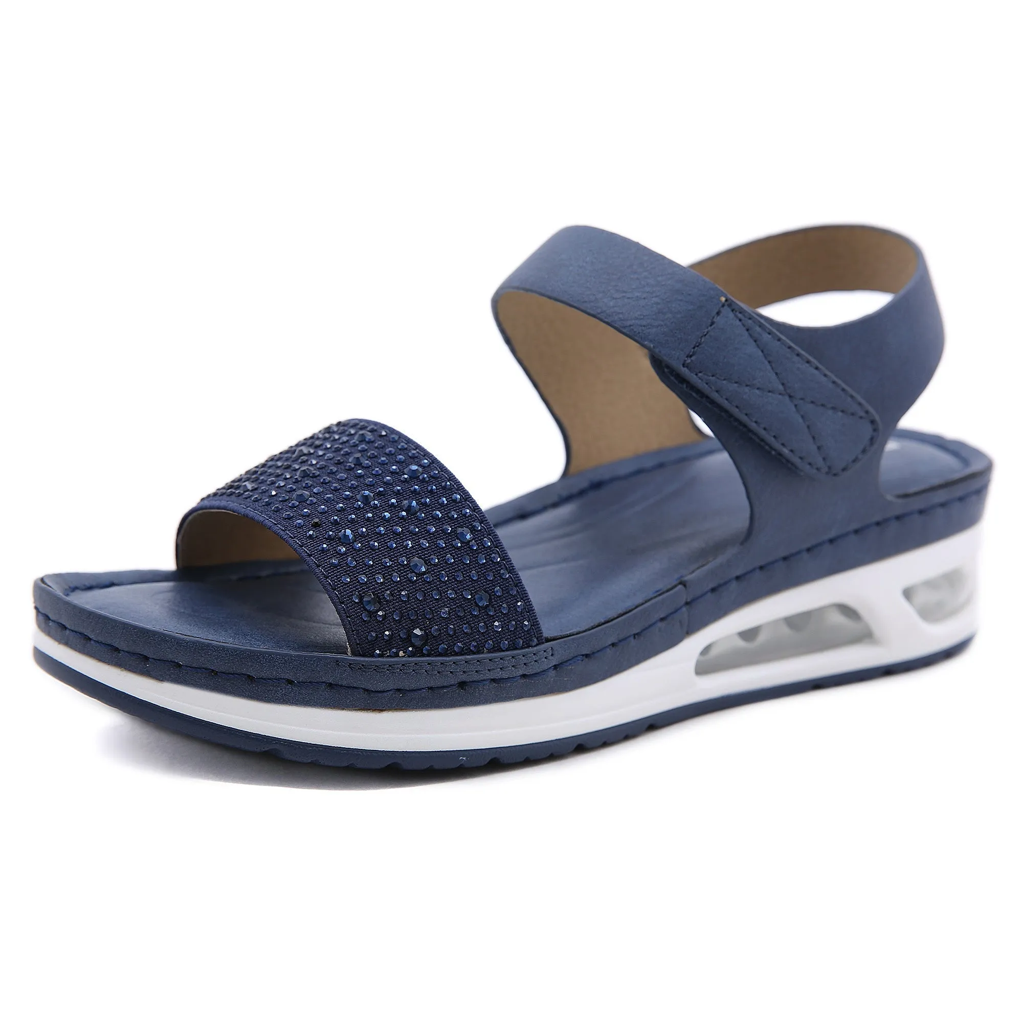 Rhinestone Strap Air Pad Sole Sandal - Navy
