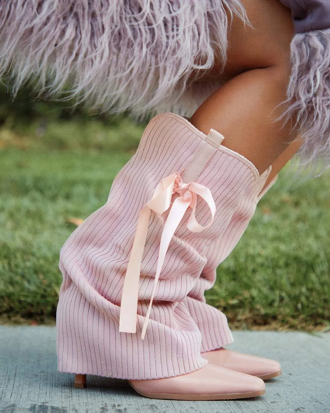 Rib knit bow knee-high casual boots