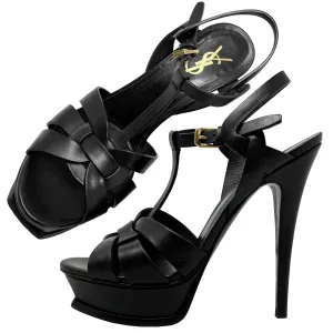 Saint Laurent Tribute 105 Black Matte Leather Platform Sandals EU 38.5