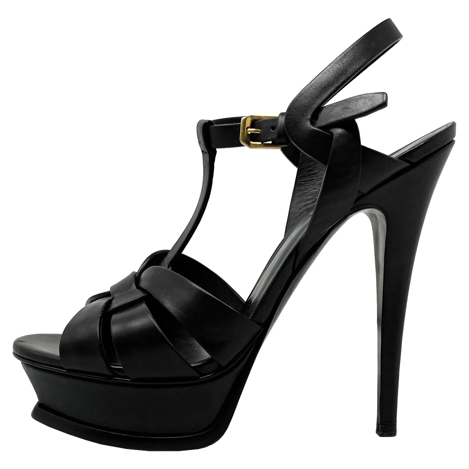 Saint Laurent Tribute 105 Black Matte Leather Platform Sandals EU 38.5