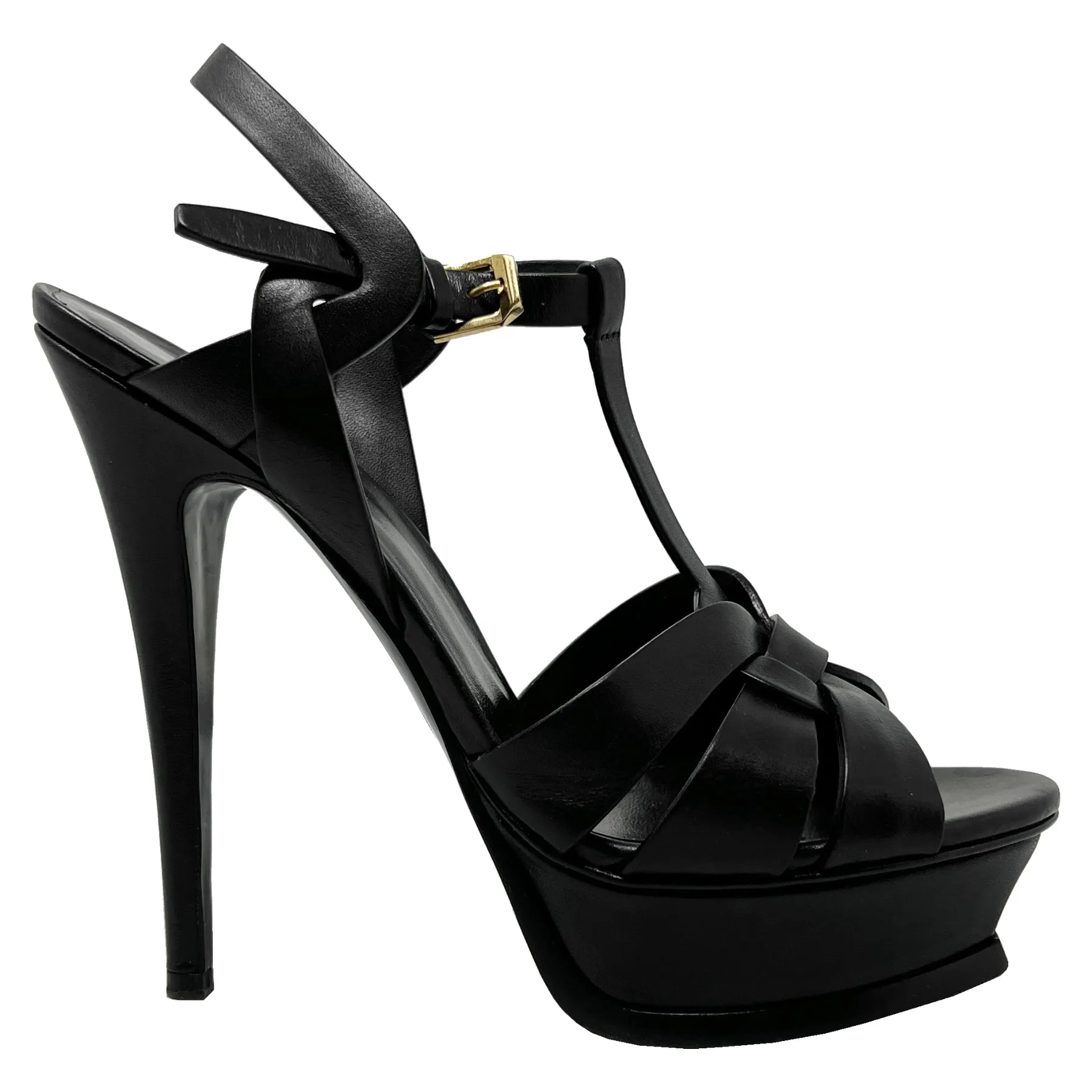 Saint Laurent Tribute 105 Black Matte Leather Platform Sandals EU 38.5