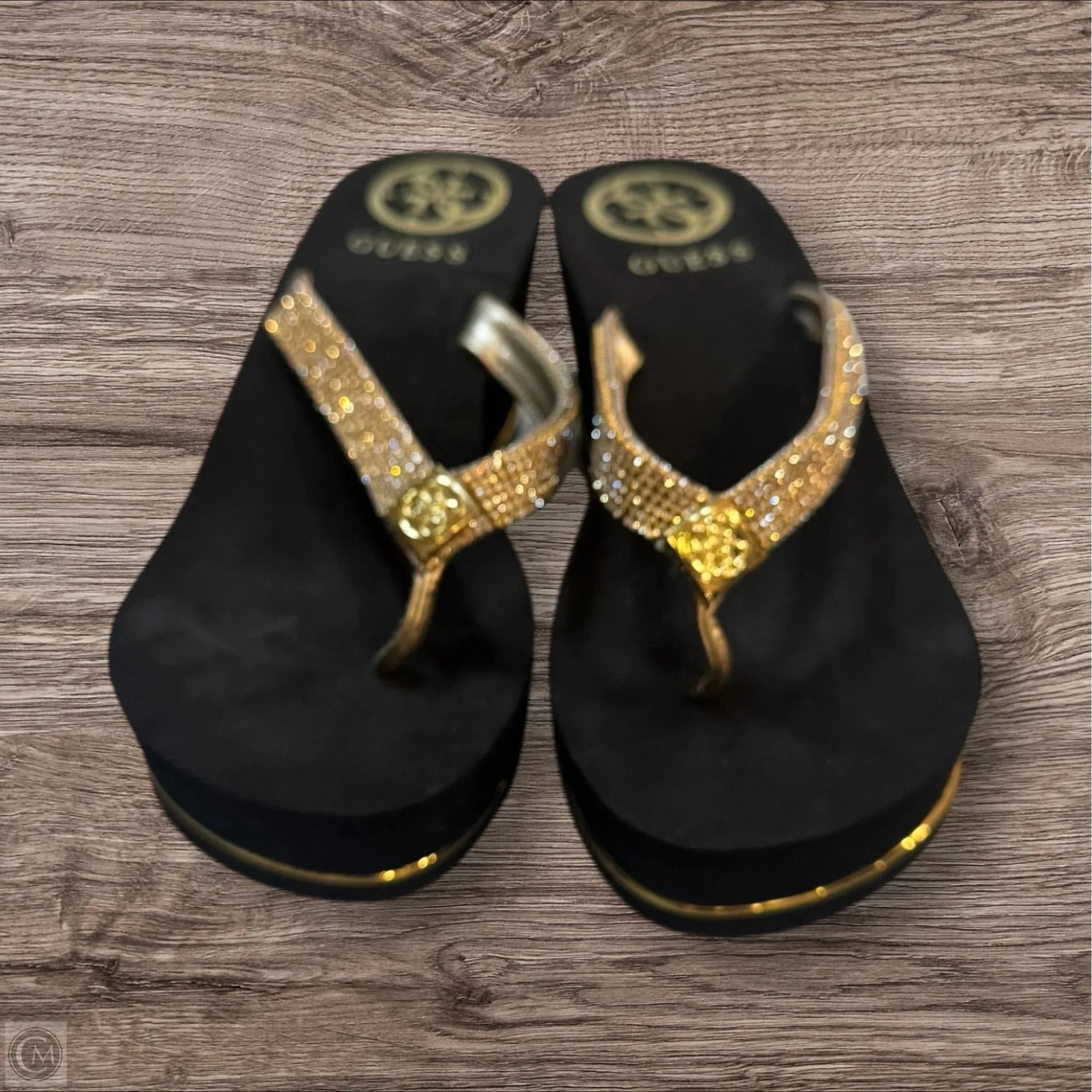 Sandals Heels Platform By Guess In Black & Gold, Size: 7