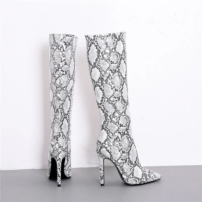 Snakeskin Print Women Knee High Sexy Thin Heel Boots