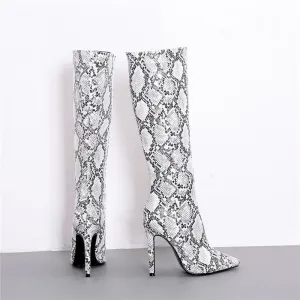Snakeskin Print Women Knee High Sexy Thin Heel Boots