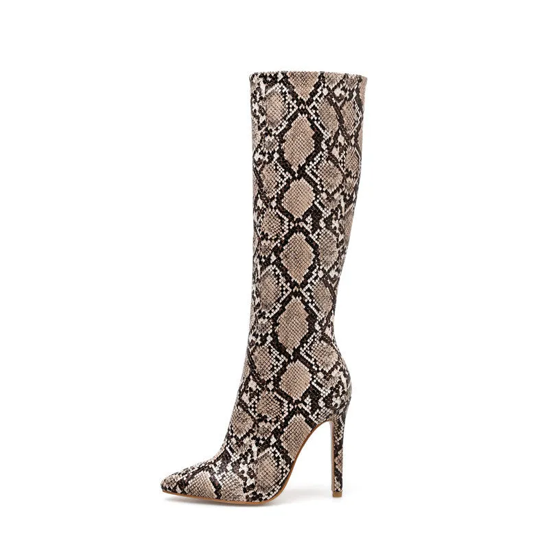 Snakeskin Print Women Knee High Sexy Thin Heel Boots