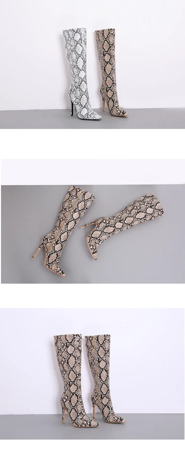 Snakeskin Print Women Knee High Sexy Thin Heel Boots