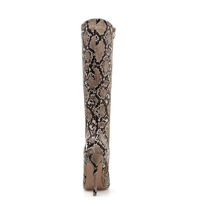 Snakeskin Print Women Knee High Sexy Thin Heel Boots