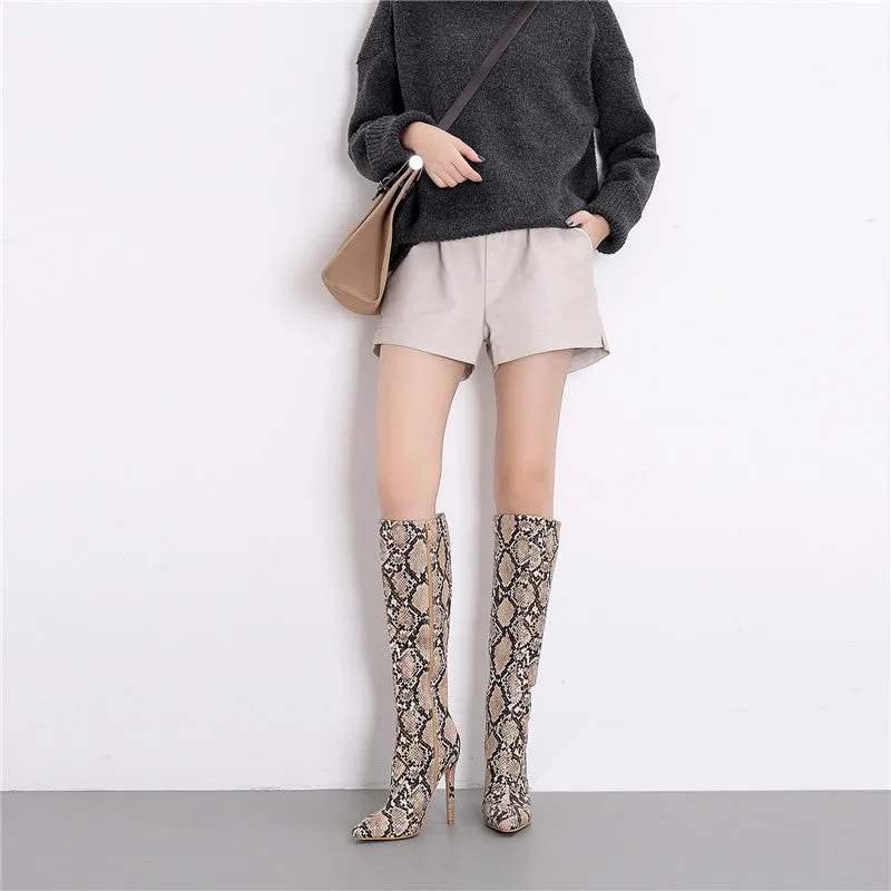 Snakeskin Print Women Knee High Sexy Thin Heel Boots