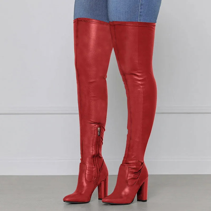 Solid Pointed Toe Chunky Heeled Knee-High Boots