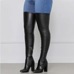 Solid Pointed Toe Chunky Heeled Knee-High Boots