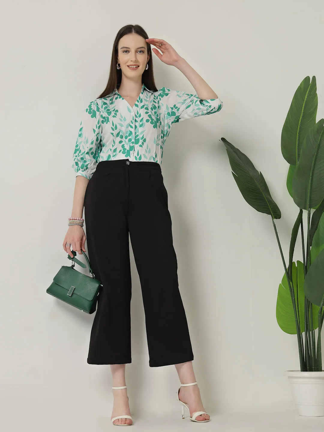 Style Quotient Women White And Green Floral Printed Polycrepe Regular Fit Formal Shirt