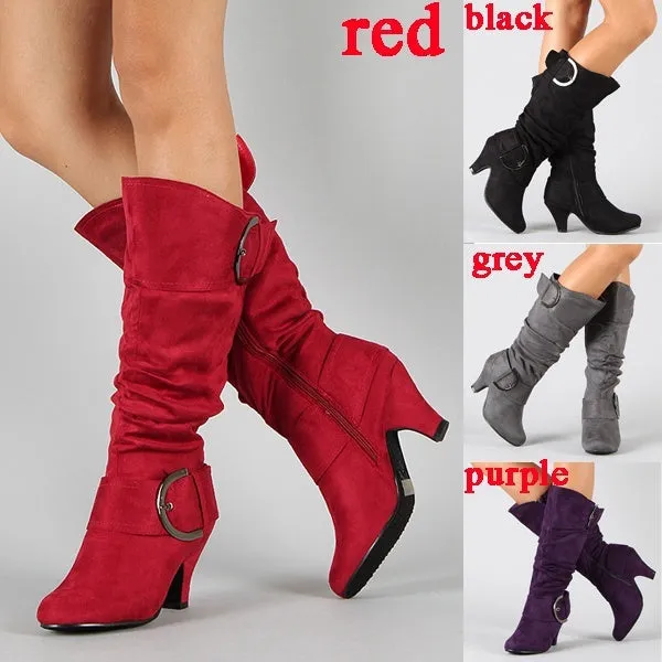 Suede Knee High Boots Sexy Vintage Low Heel Boots Spring Autumn Buckle Shoes Casual Winter Pumps 34-43
