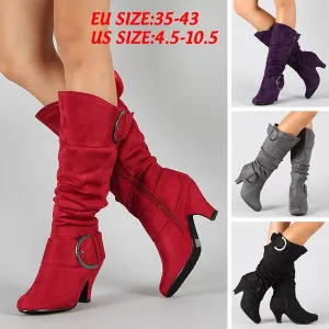 Suede Knee High Boots Sexy Vintage Low Heel Boots Spring Autumn Buckle Shoes Casual Winter Pumps 34-43