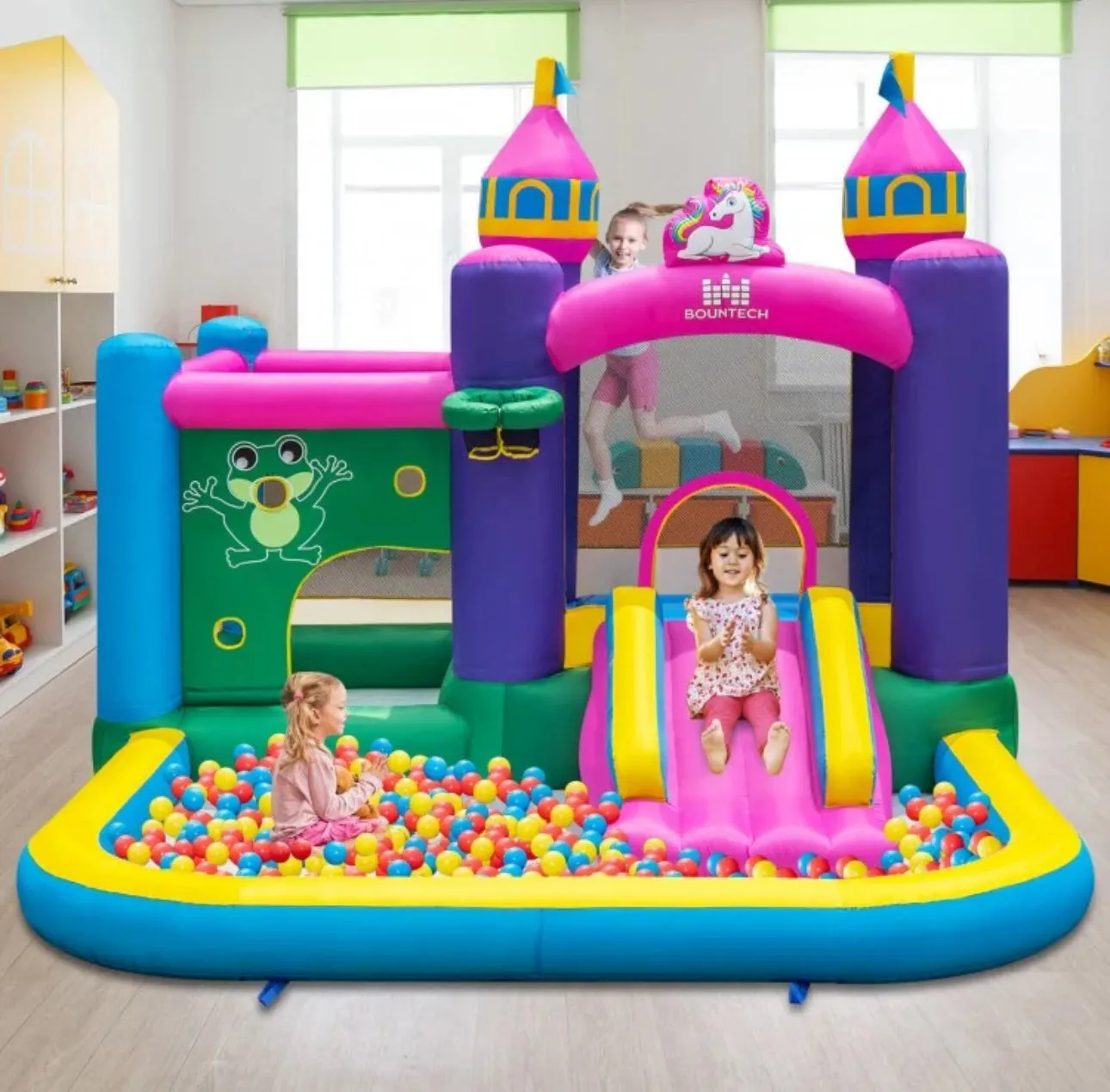 Super Cute & Adorable Inflatable Unicorn Themed Bouncy Castle / House 6-in-1 Playing Area | With 735W Blower | Slide | Carry Bag |
