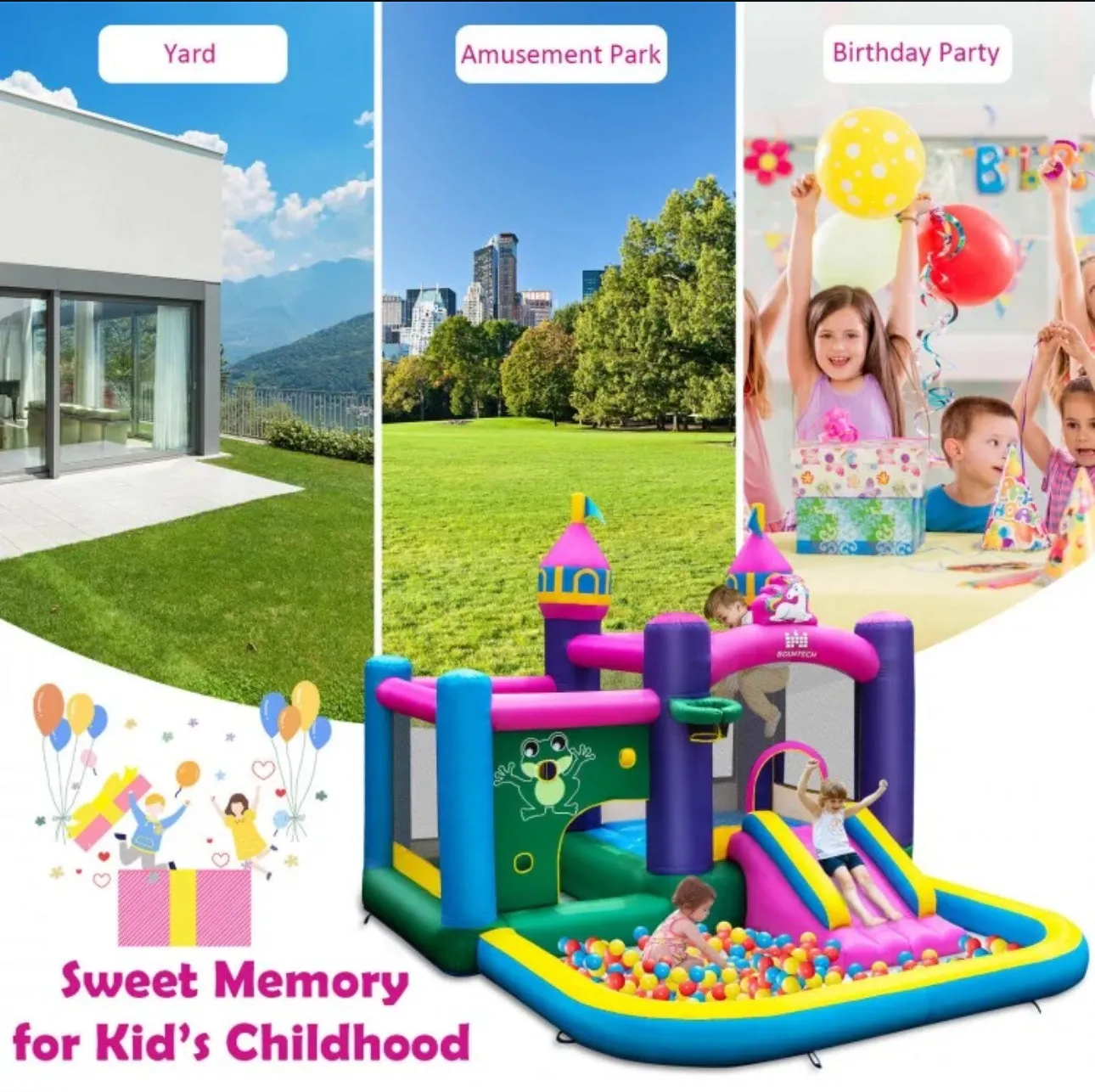 Super Cute & Adorable Inflatable Unicorn Themed Bouncy Castle / House 6-in-1 Playing Area | With 735W Blower | Slide | Carry Bag |