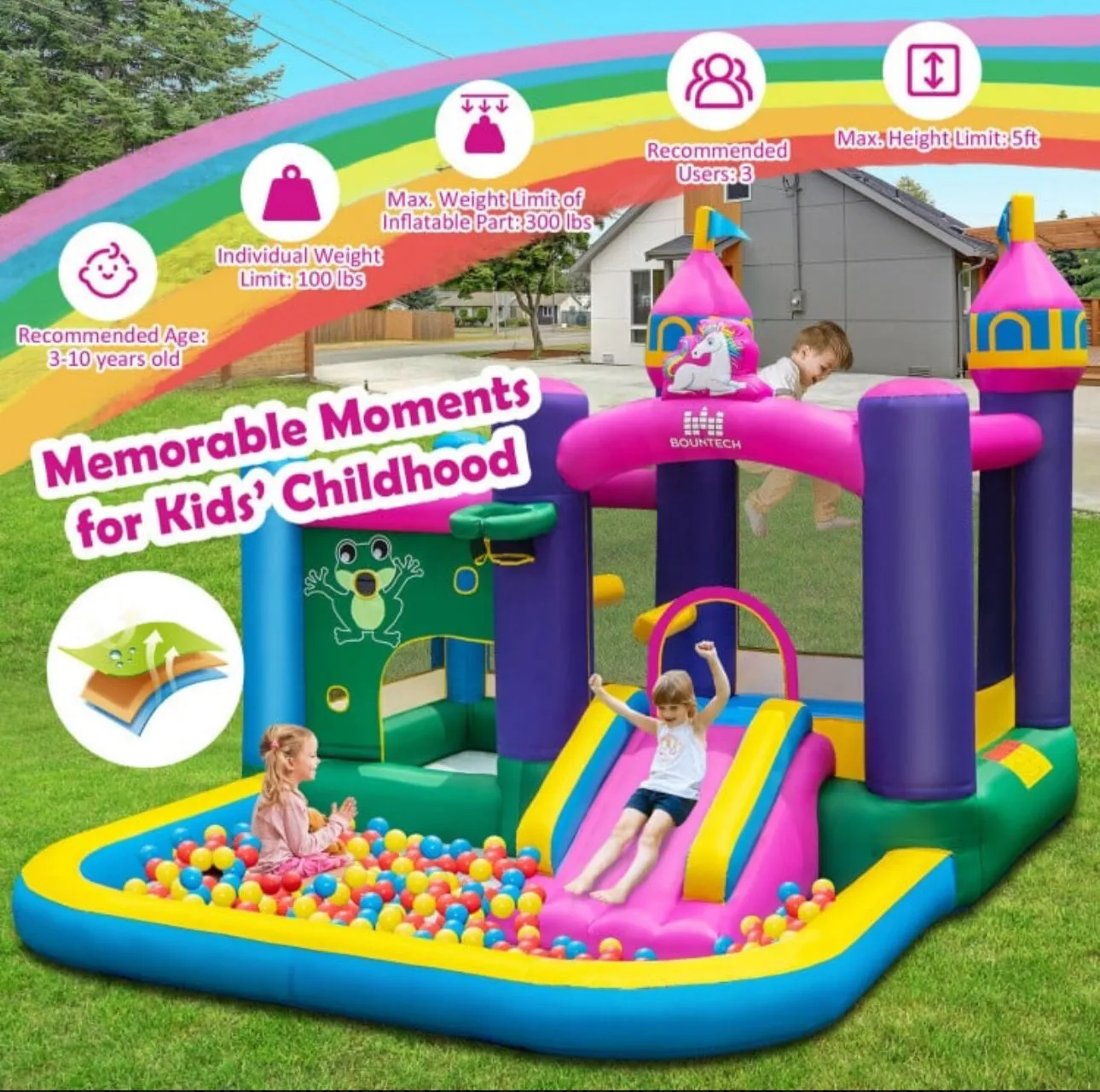 Super Cute & Adorable Inflatable Unicorn Themed Bouncy Castle / House 6-in-1 Playing Area | With 735W Blower | Slide | Carry Bag |