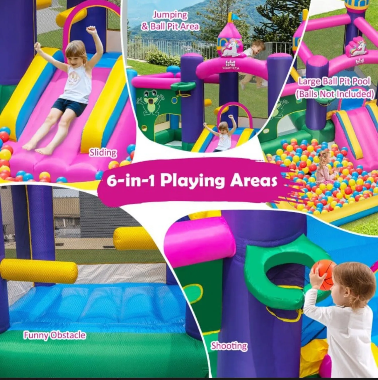 Super Cute & Adorable Inflatable Unicorn Themed Bouncy Castle / House 6-in-1 Playing Area | With 735W Blower | Slide | Carry Bag |