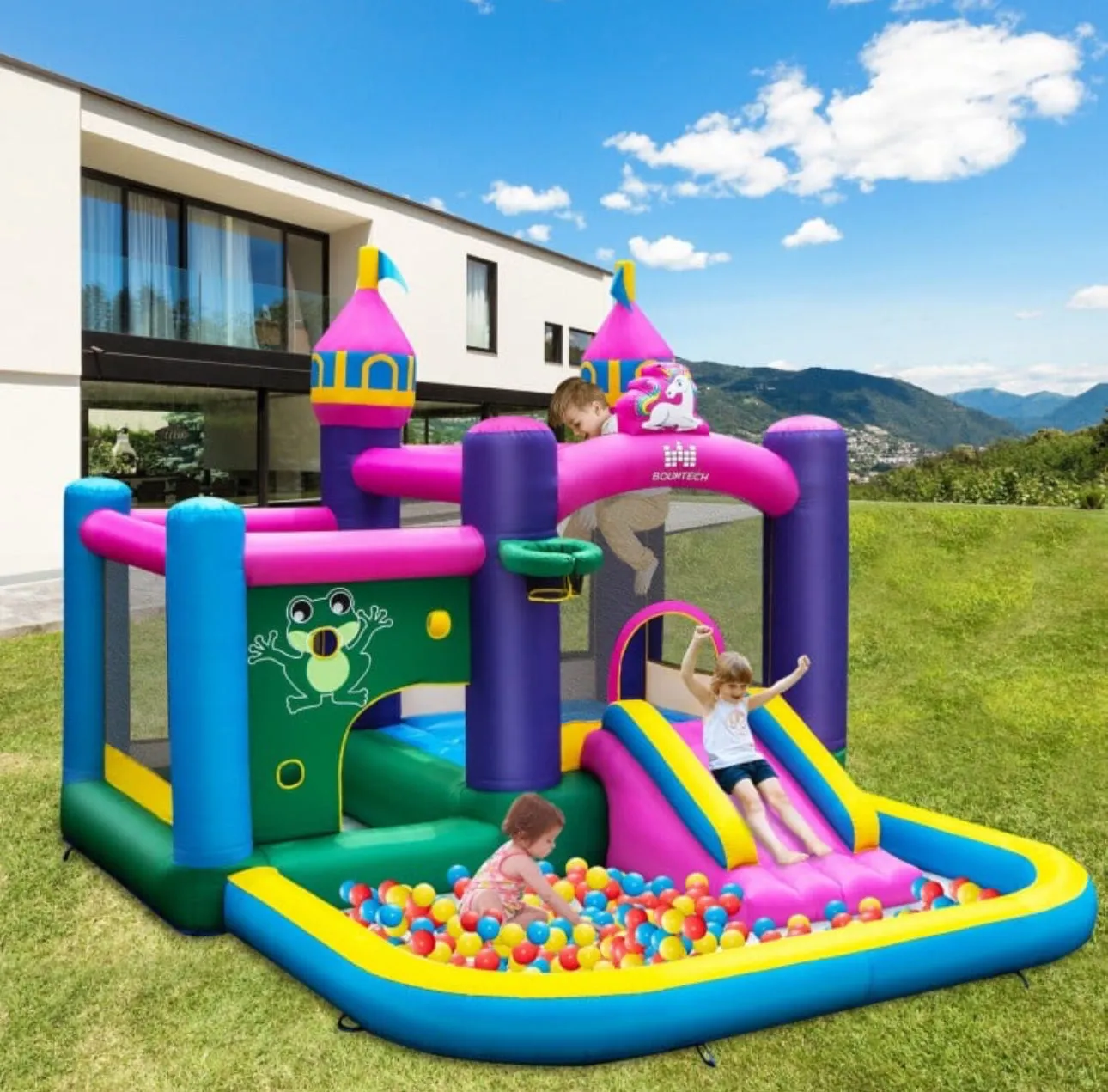 Super Cute & Adorable Inflatable Unicorn Themed Bouncy Castle / House 6-in-1 Playing Area | With 735W Blower | Slide | Carry Bag |