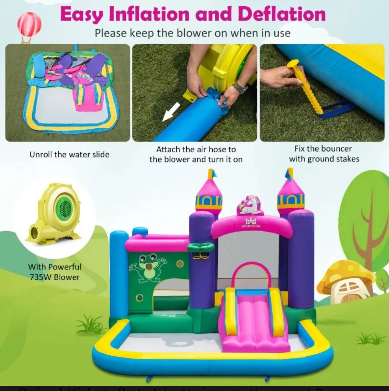 Super Cute & Adorable Inflatable Unicorn Themed Bouncy Castle / House 6-in-1 Playing Area | With 735W Blower | Slide | Carry Bag |