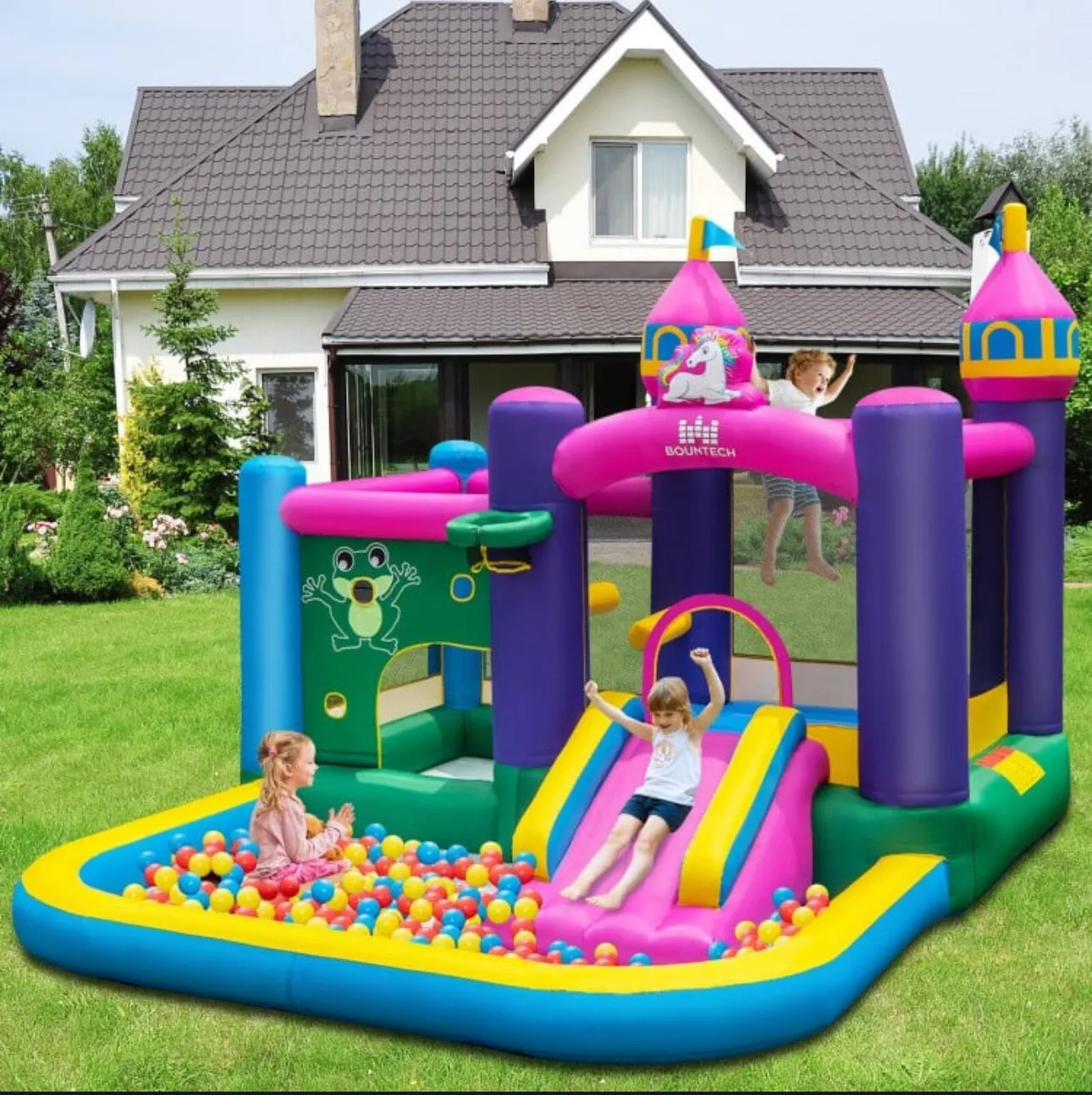 Super Cute & Adorable Inflatable Unicorn Themed Bouncy Castle / House 6-in-1 Playing Area | With 735W Blower | Slide | Carry Bag |