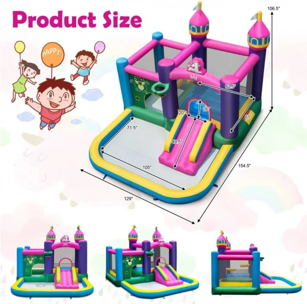 Super Cute & Adorable Inflatable Unicorn Themed Bouncy Castle / House 6-in-1 Playing Area | With 735W Blower | Slide | Carry Bag |