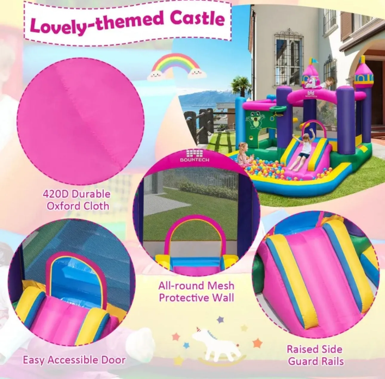 Super Cute & Adorable Inflatable Unicorn Themed Bouncy Castle / House 6-in-1 Playing Area | With 735W Blower | Slide | Carry Bag |