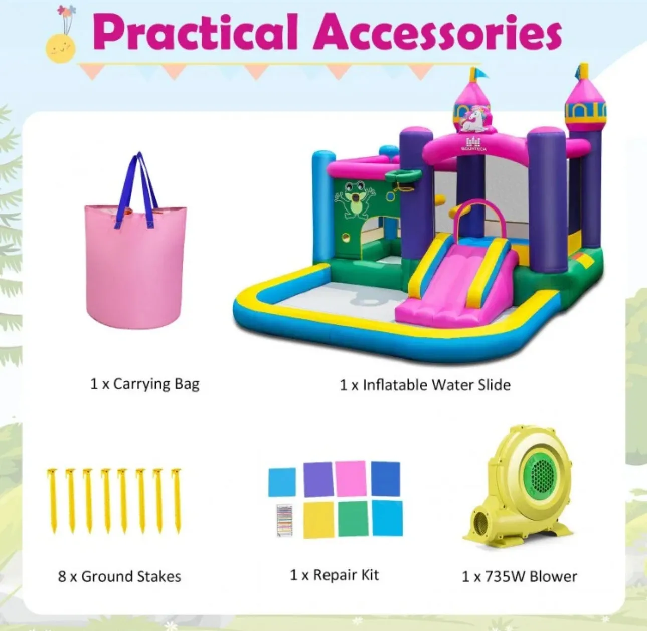 Super Cute & Adorable Inflatable Unicorn Themed Bouncy Castle / House 6-in-1 Playing Area | With 735W Blower | Slide | Carry Bag |