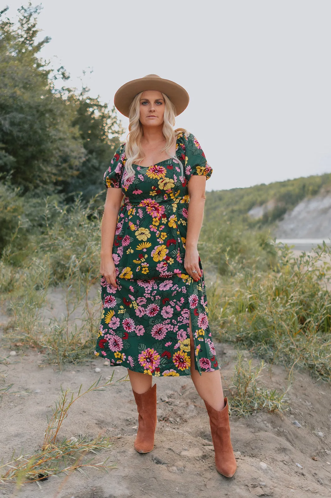 The Everly Floral Puff Sleeve Midi Dress - PLUS
