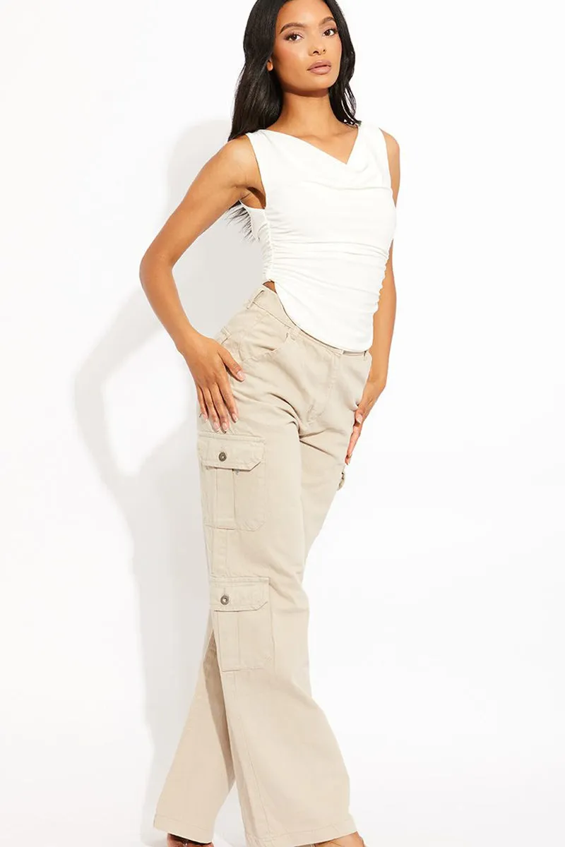 Trendy Denim High Waist Wide Leg Cargo Trousers