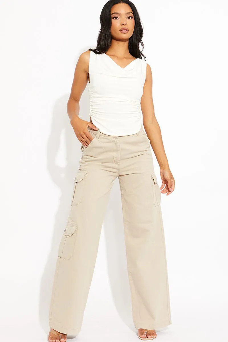 Trendy Denim High Waist Wide Leg Cargo Trousers