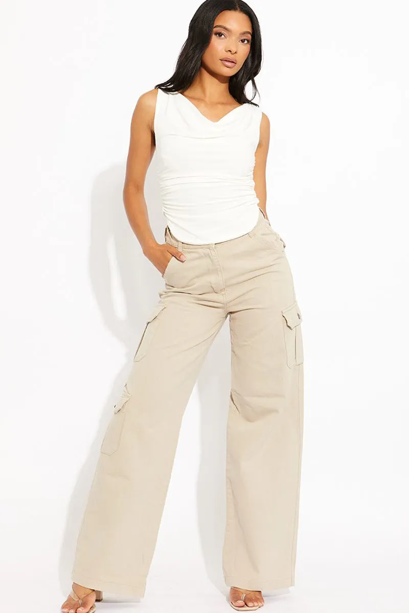 Trendy Denim High Waist Wide Leg Cargo Trousers