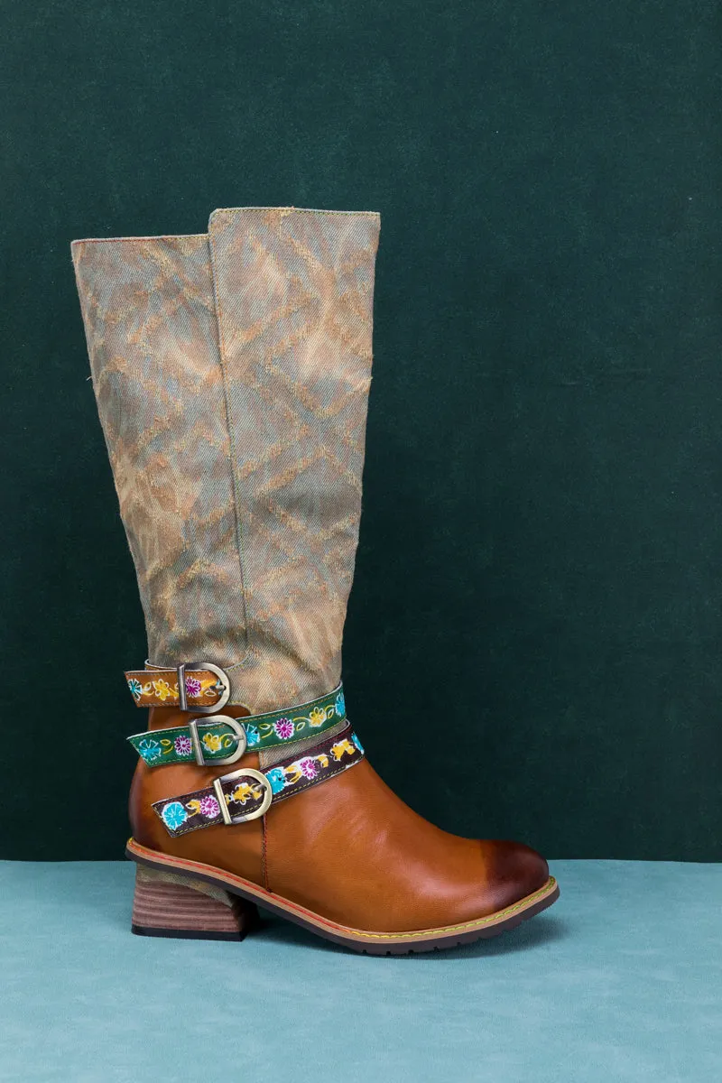 Tri-Strap Canvas Leather Knee High Boot
