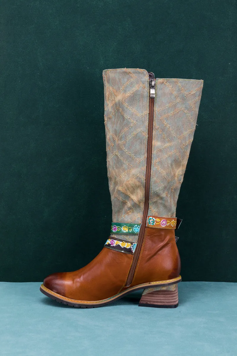 Tri-Strap Canvas Leather Knee High Boot