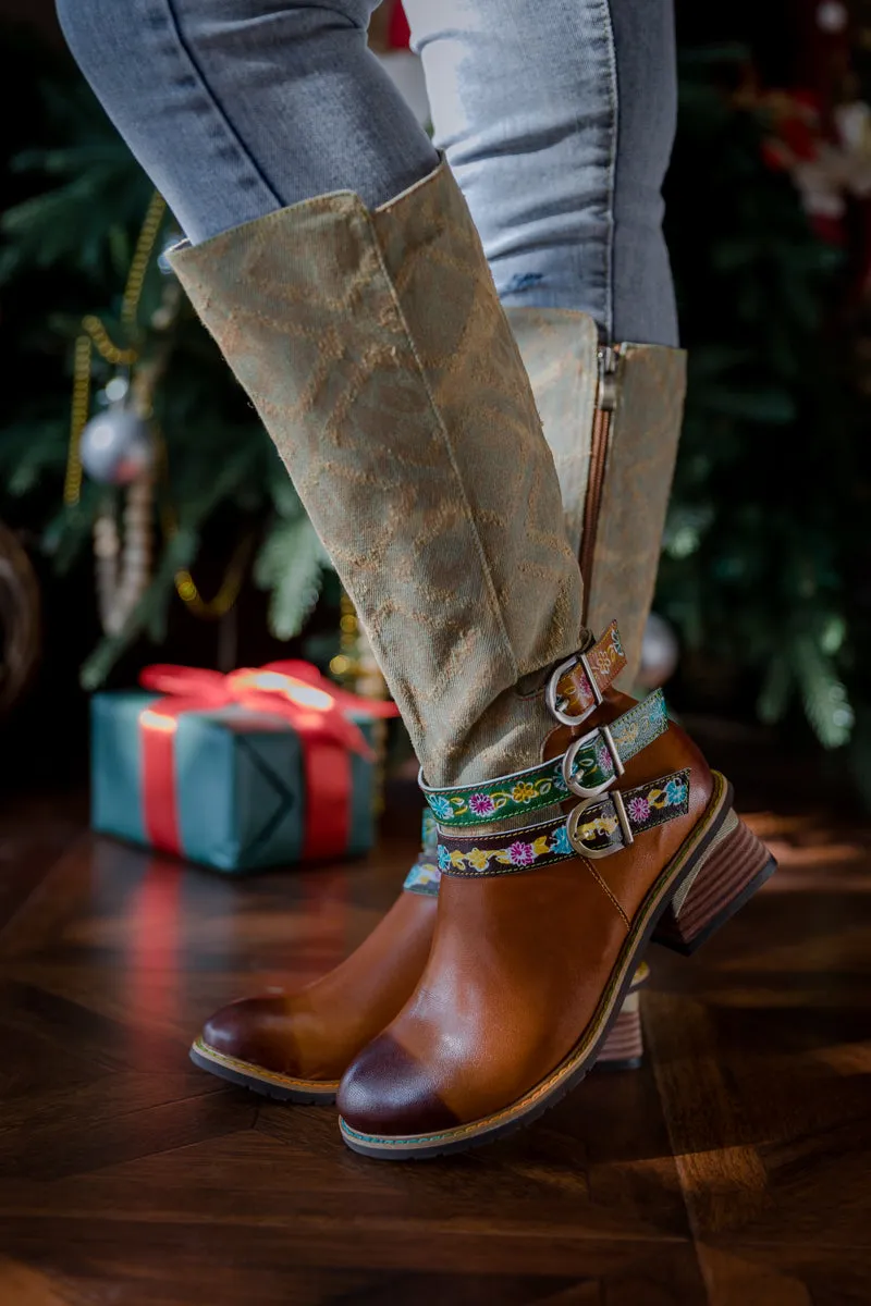 Tri-Strap Canvas Leather Knee High Boot